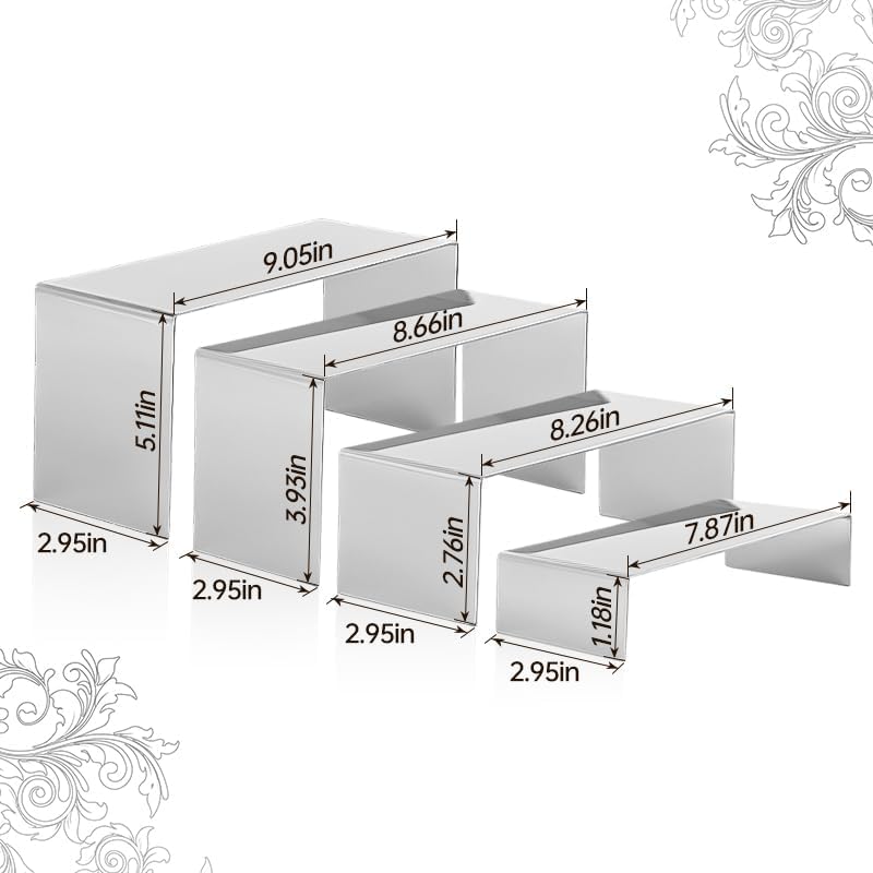 4 Pcs Silver Stainless Steel Display Risers, Display Stand for Display Cupcake Dessert Perfume