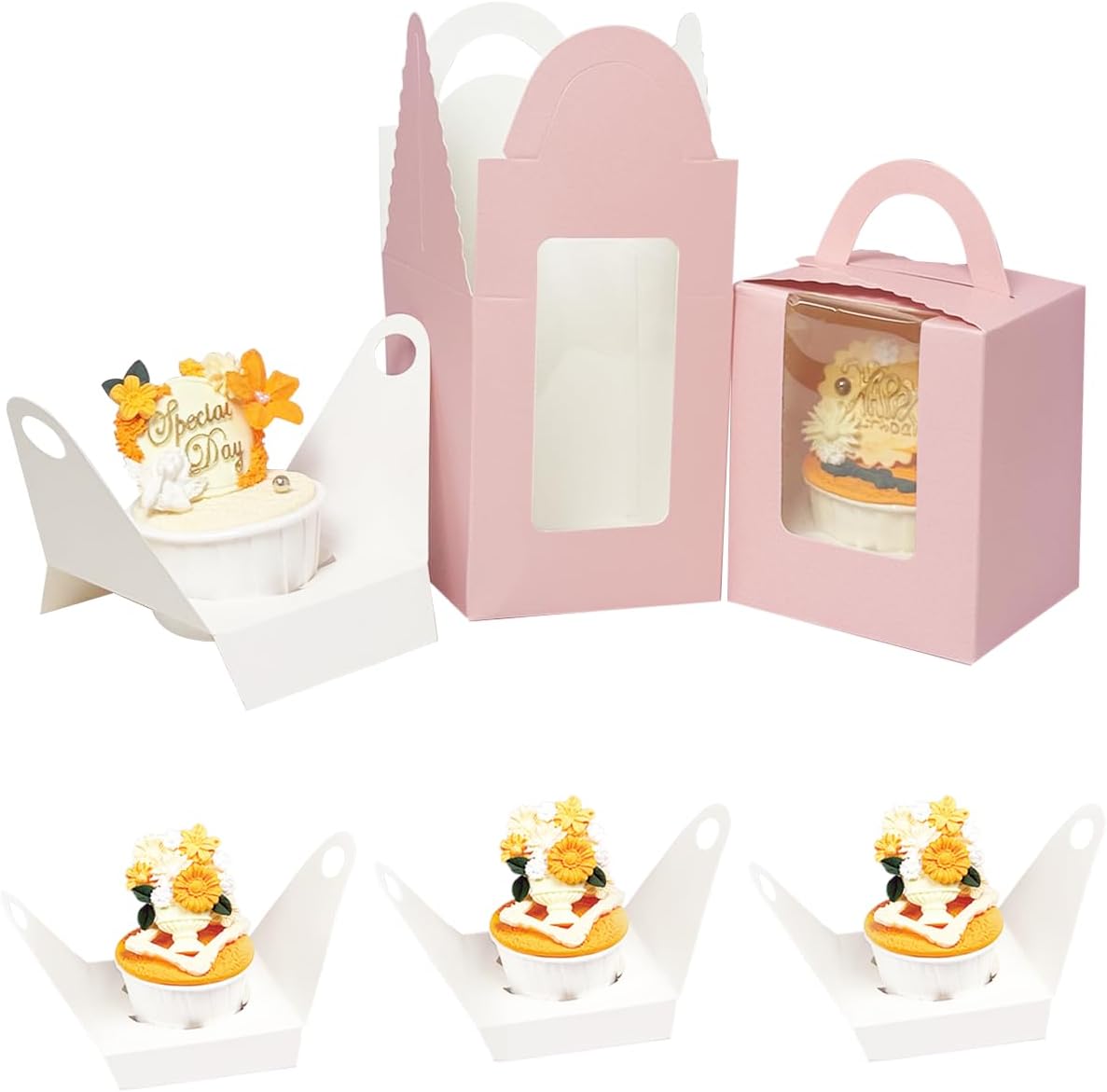Bakepacker Auto-pop up Individual Cupcake Boxes with Window 60 Count Pink Single Cupcakes Box 3.6 x