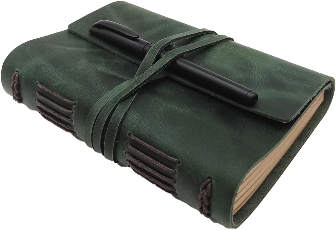 Green Notebook Journal - Nice Genuine Leather Journaling for write A5 Size Diary 6.2x8.5