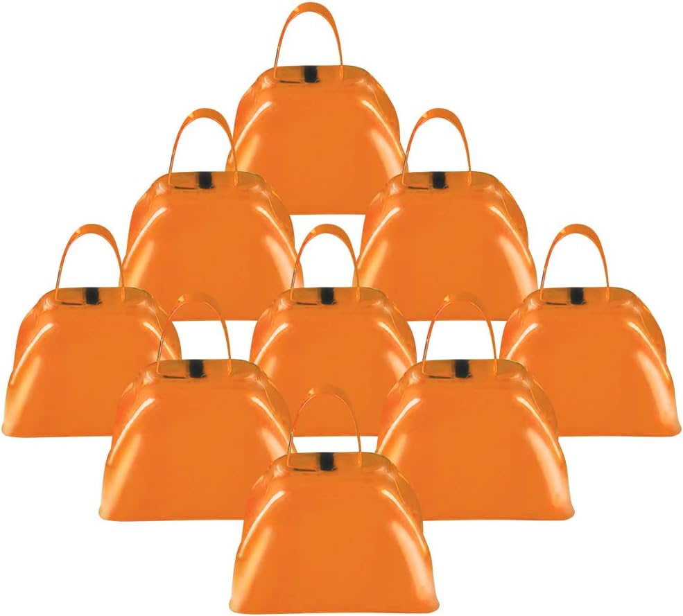 ArtCreativity 3 Inch Orange Metal Cowbell Noisemakers - Pack of 12 - Loud Metal Cowbell Noise