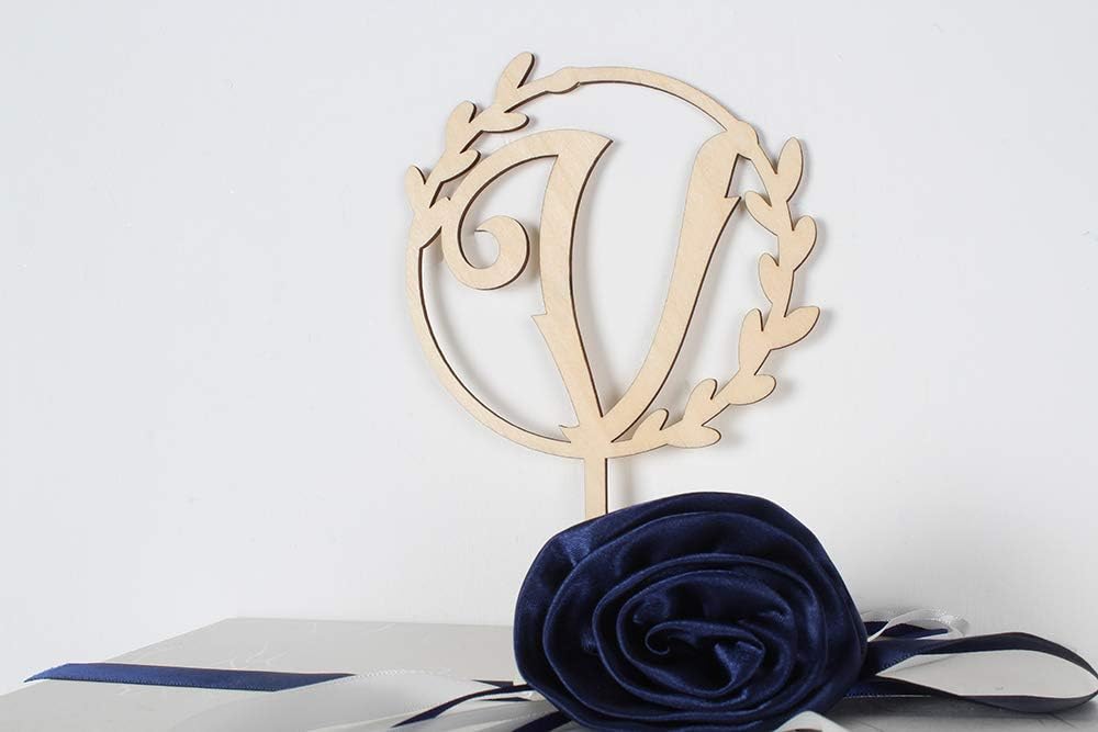 LINGTEER Personalized Inital Letter V Wooden Cake Topper Perfect for Birthday Rustic Wedding