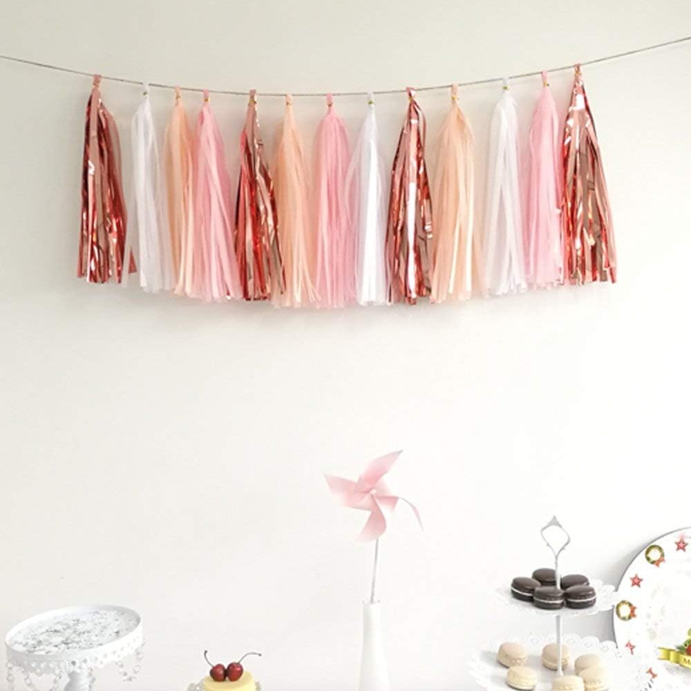 ZOOYOO Pink Shiny Tassel Garland Tissue Paper Tassel Banner,Table Decor,DIY Kits for Tassels Party