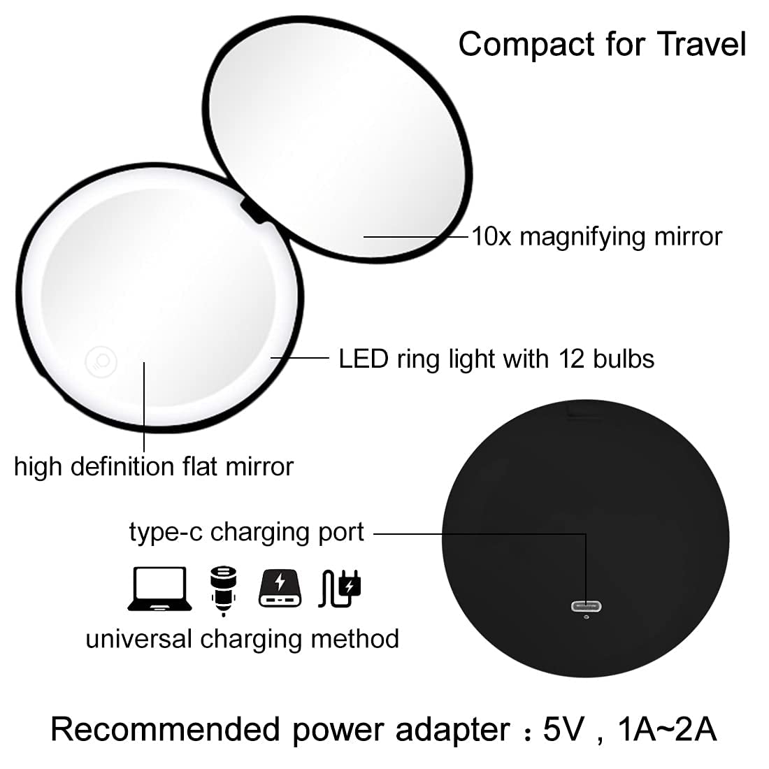 Compact Mirror with LED Light,1x/10x Magnifying Rechargeable Mirror,3.5in, Dimmable Travel Mirror
