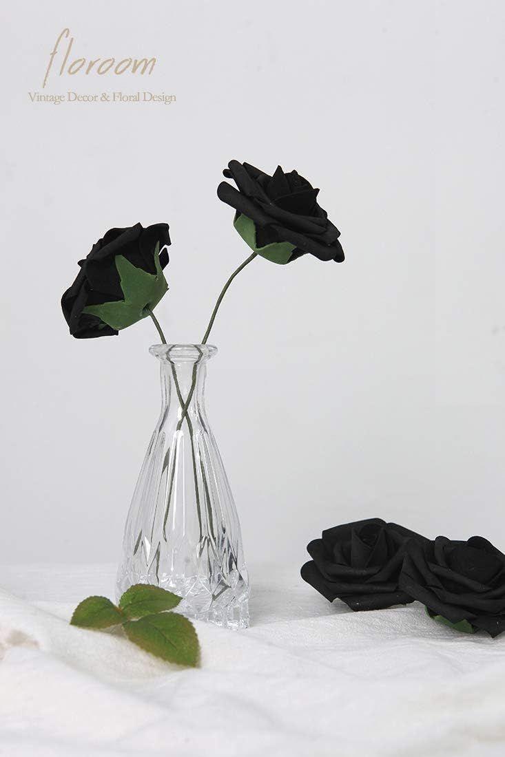 Floroom Artificial Flowers 50pcs Real Looking Black Foam Fake Roses with Stems for DIY Wedding