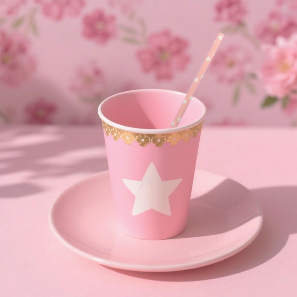 Pink Straws Disposable Biodegradable Star Paper Straws for Cocktail, Coffee, Juice, Lemonade, 100