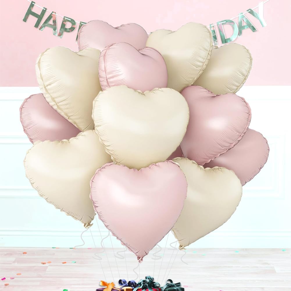 Baby Pink & Baby White Heart Balloons，18 Inch Foil Love Heart Shaped Balloons for Valentines