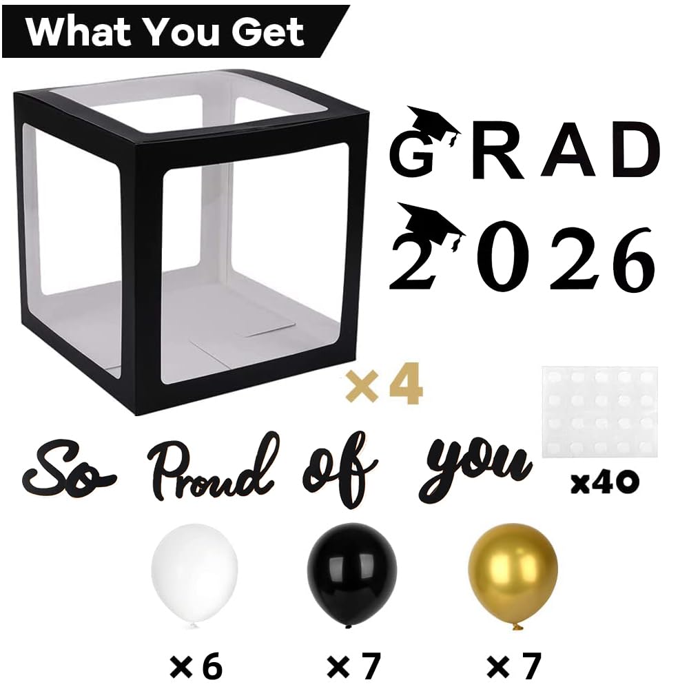 2026 Graduation Party Decorations - Black Balloon Boxes with Letters, "GRAD" & "So Proud of You" &