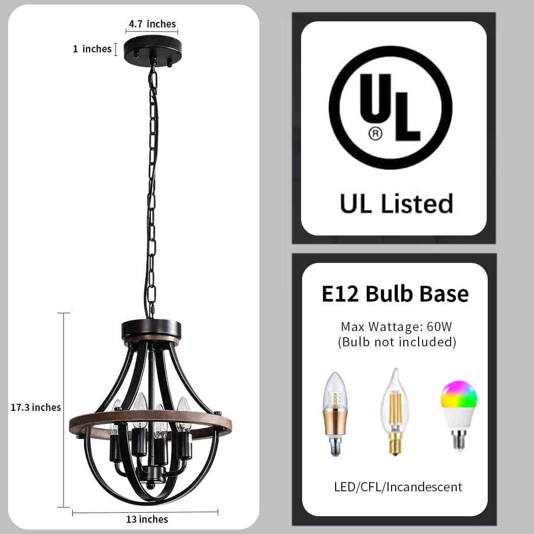Farmhouse Chandelier, Modern Hanging Pendant Lighting, 4-Light Rustic Ceiling Light Fixture