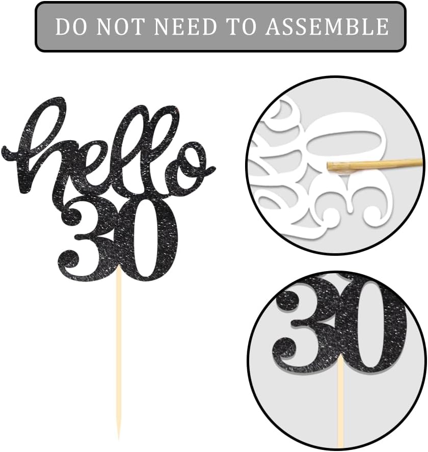 24 Pcs Black Glitter 30th Birthday Cupcake Toppers for 30th Anniversary Birthday Party Wedding