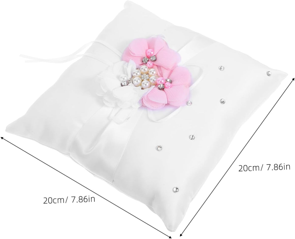 Floral Wedding Ring Bearer Pillow 20x20cm - Satin with Ribbon & Faux Pearls, Elegant Ceremony Decor