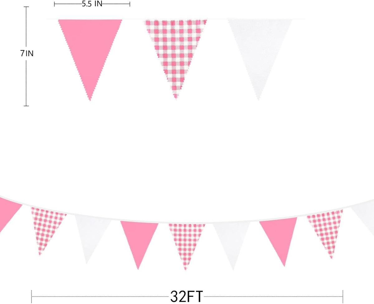 32Ft Hot Pink Plaid Checkered Pennant Banner Fabric Gingham Triangle Flag Bunting Garland Streamers