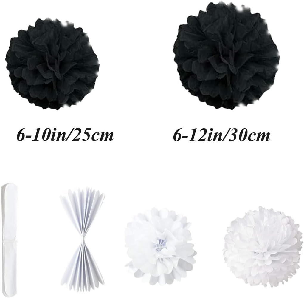 12pcs 10in & 12in Black Paper Pom Poms - Tissue Paper Flower Hanging Balls for Wedding, Party, Baby