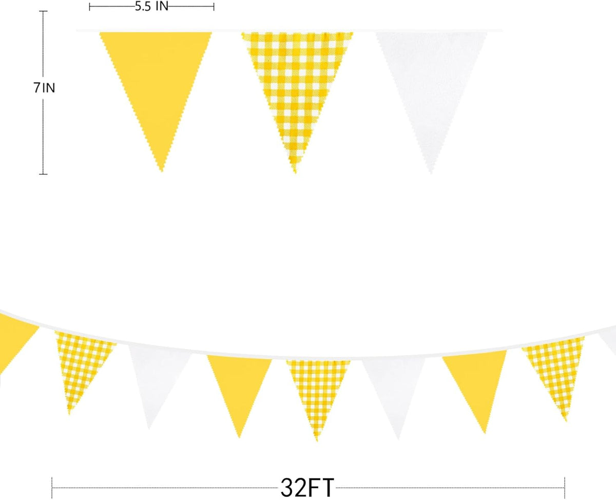 32Ft Yellow Plaid Checkered White Pennant Banner Fabric Gingham Triangle Flag Bunting Garland for