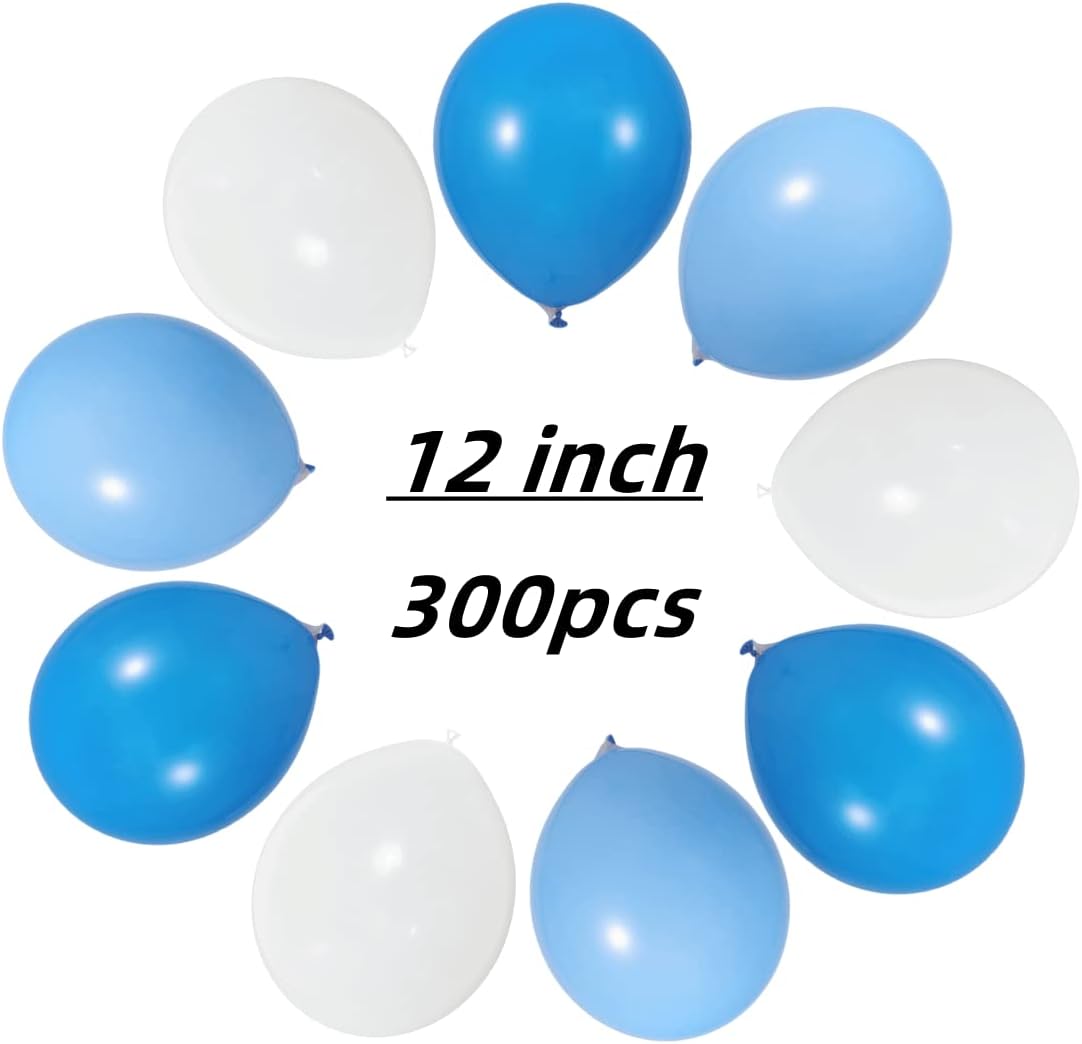 300 Pack Blue and White Balloons 100 of each of the 3 colors 12 inch White Blue Light Blue Latex