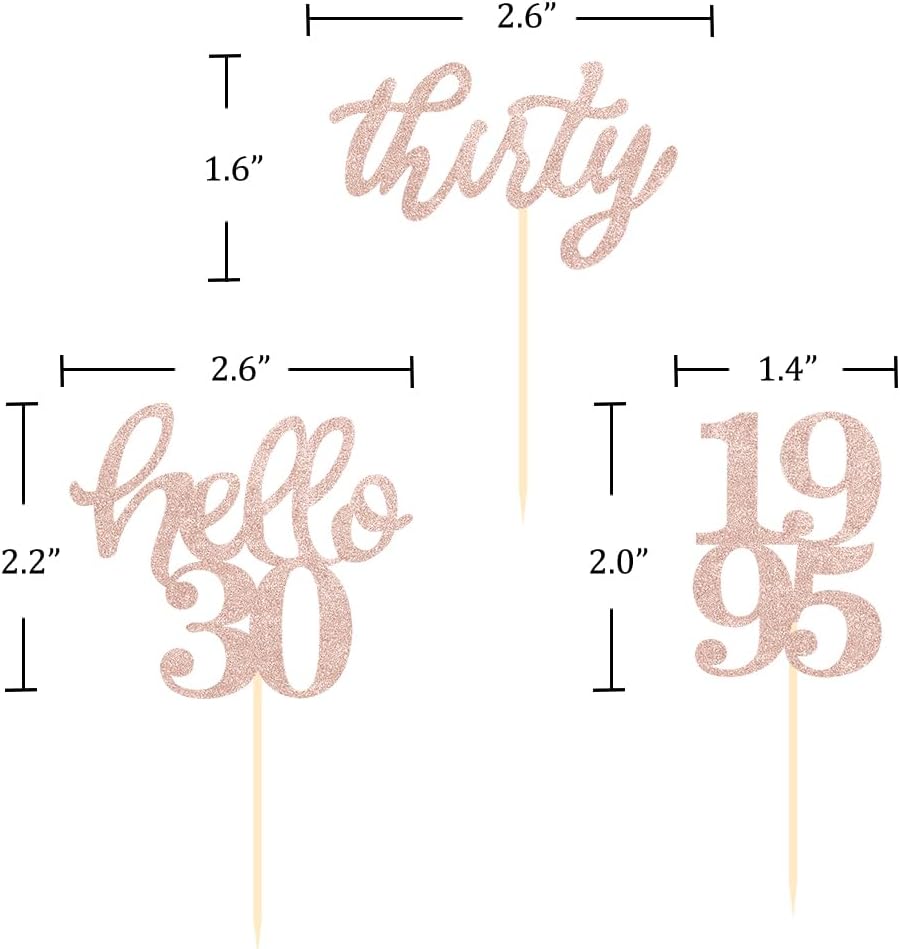 24 Pcs Rose Gold Glitter 30th Birthday Cupcake Toppers for 30th Anniversary Birthday Party Wedding