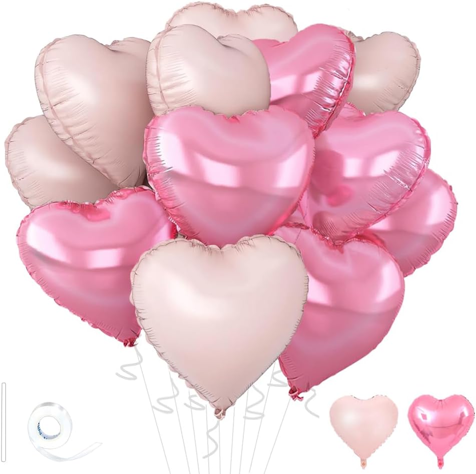 Pink Heart Balloons,18inch Bright Pink Heart Shaped Foil Balloons & Baby Pink Helium Mylar Balloon