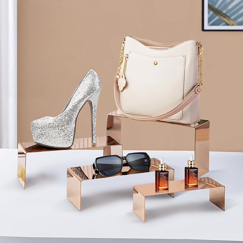 4 Pcs Stainless Steel Display Risers, Display Stand for Cupcake Dessert Perfume Purse Handbag Shoe