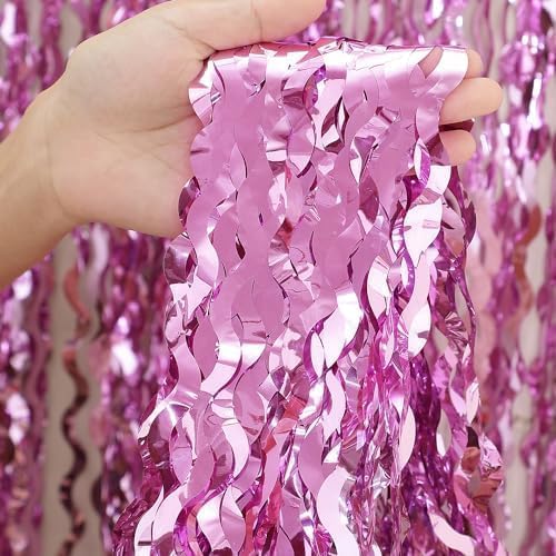 Pink Foil Fringe Curtain - Wavy Fringe Backdrop 3.3 x 6.6 Feet, Pack of 3 | Pink Streamers Party