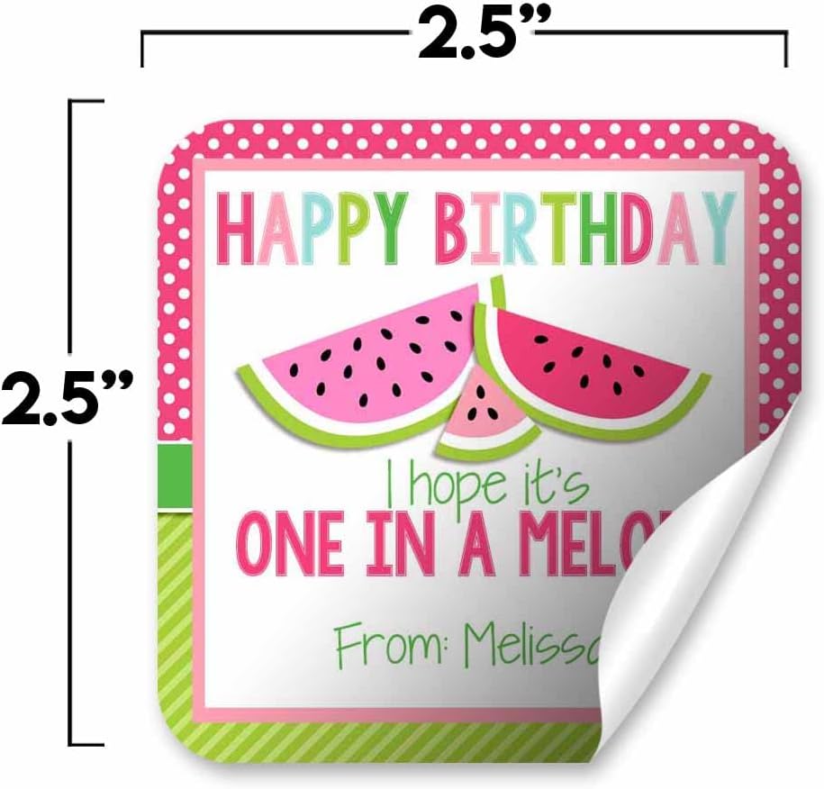 Custom & Personalized One in A Melon Watermelon Happy Birthday Gift Tag Sticker Labels, 24 2.5"