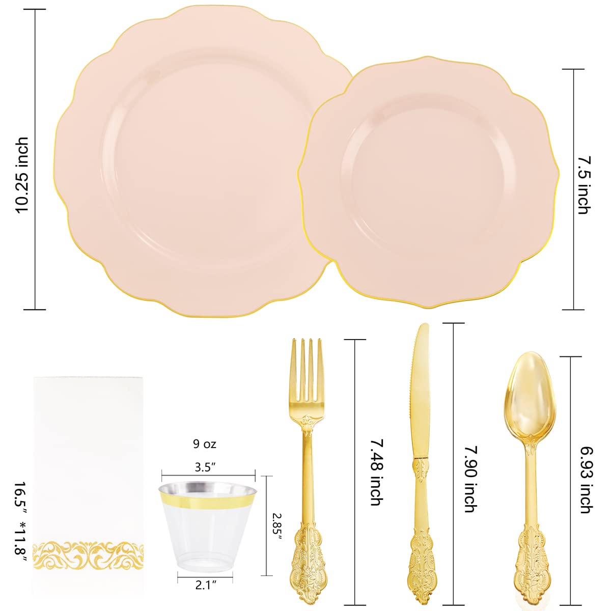 NOCCUR 175PCS Pink Plates with Gold Disposable Silverware - Include 50 Pink Plastic Plates,25