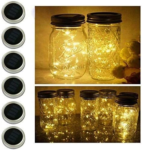 6 Pack Mason Jar Lights, 10 LED Solar Warm White Fairy String Lights Lids Insert for Garden Deck