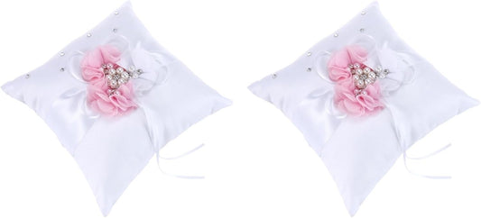 PRETYZOOM 2Pcs Pink Ring Bearer Pillow Set - Satin & Ribbon Decorative Wedding Ring Holder with