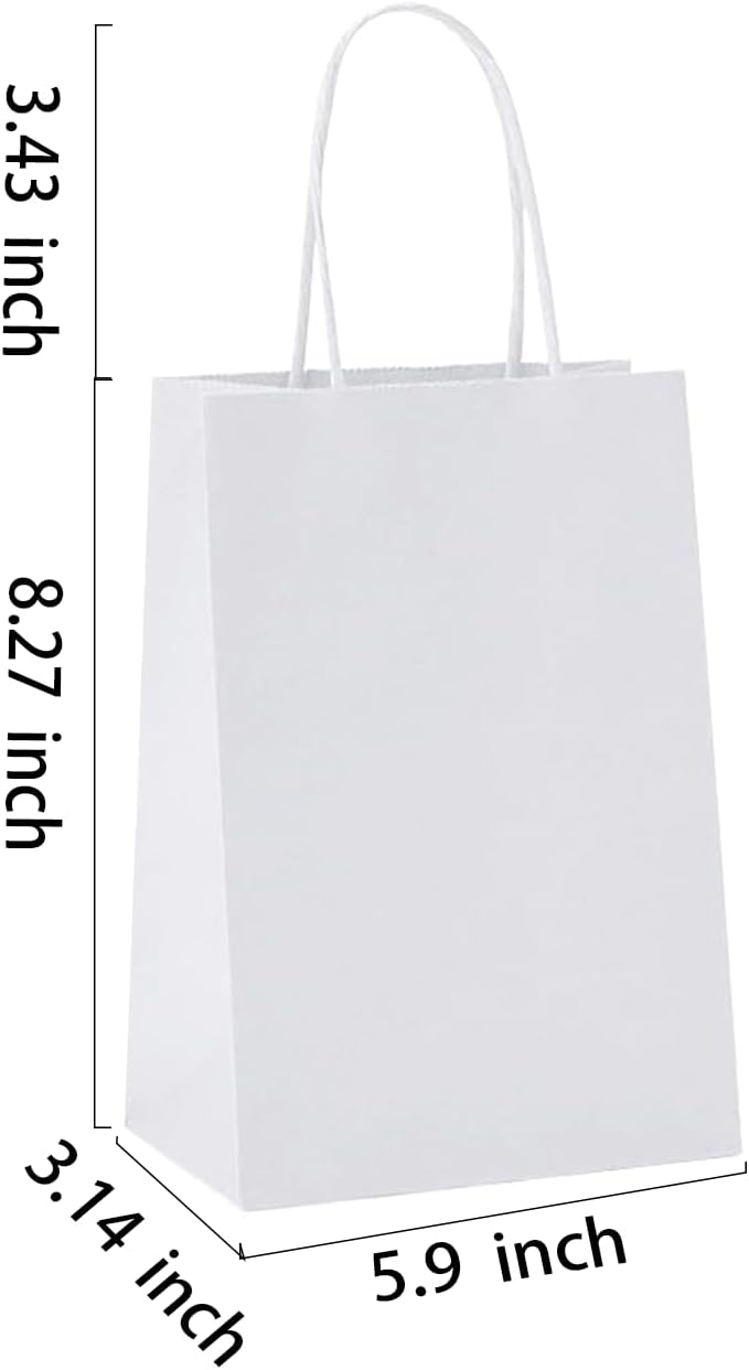 BAG BOX 25 Pack 5.9x3.1x8.25 Inch White Gift Bags with Handles,Bulk Kraft Paper Bags for Shopping