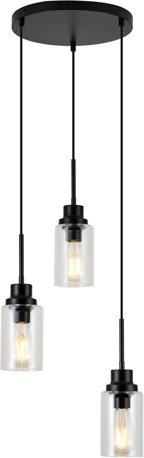 3-Lights Modern Pendant Light Fixtures Black Adjustable Height Ceiling Lights Chandelier with Clear