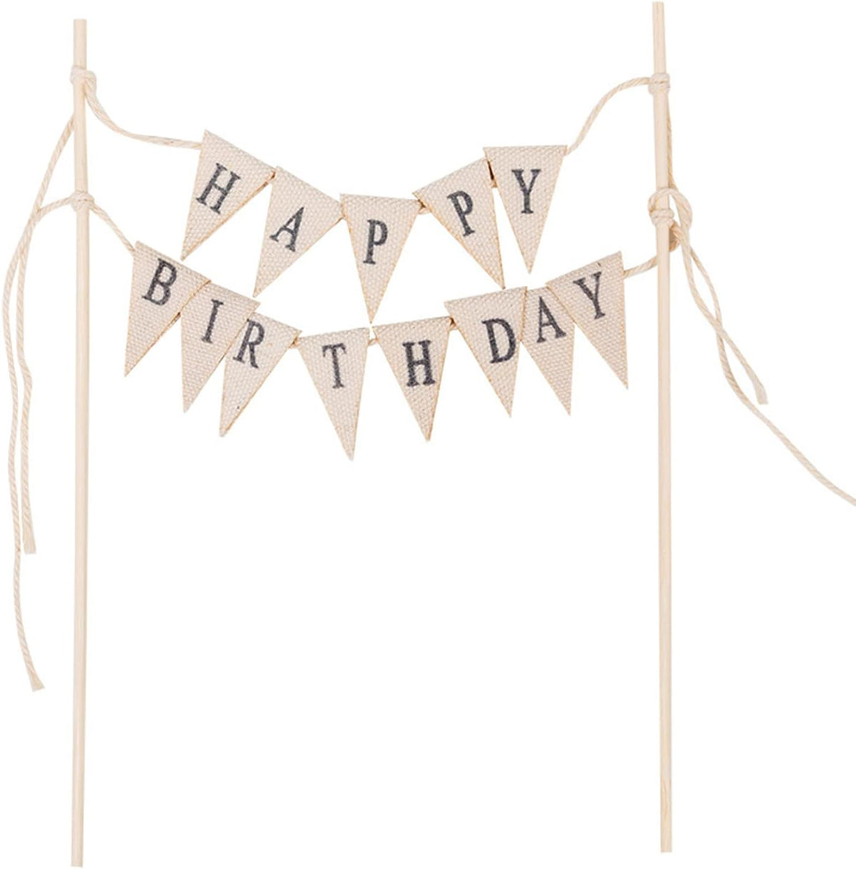 Happy Birthday Cake Bunting Topper Cake Topper Garland, Handmade Pennant Flags with Wood Pole Ivory