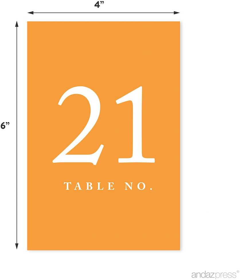 Andaz Press Orange Wedding Table Numbers 21-40, 4x6-Inches Table Number Cards For Wedding Reception