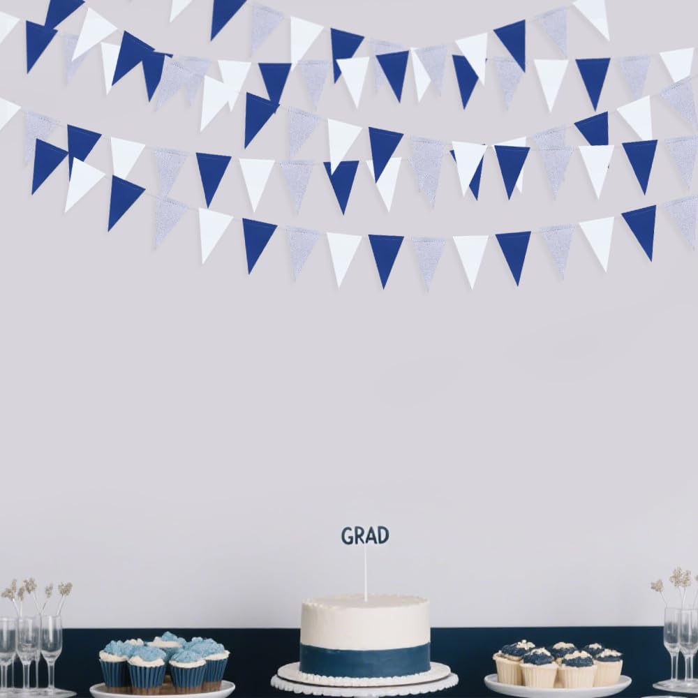 30 Ft Navy Blue White and Silver Party Decorations Royal Blue Triangle Flag Pennant Banner Bunting