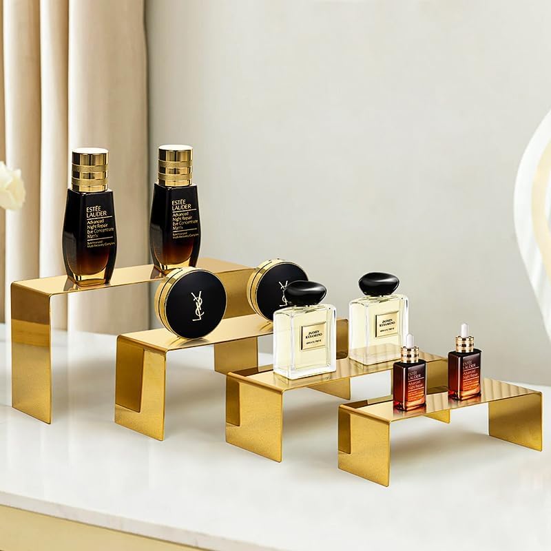 4 Pcs Gold Stainless Steel Display Risers, Display Stand for Cupcake Dessert Perfume Purse Handbag