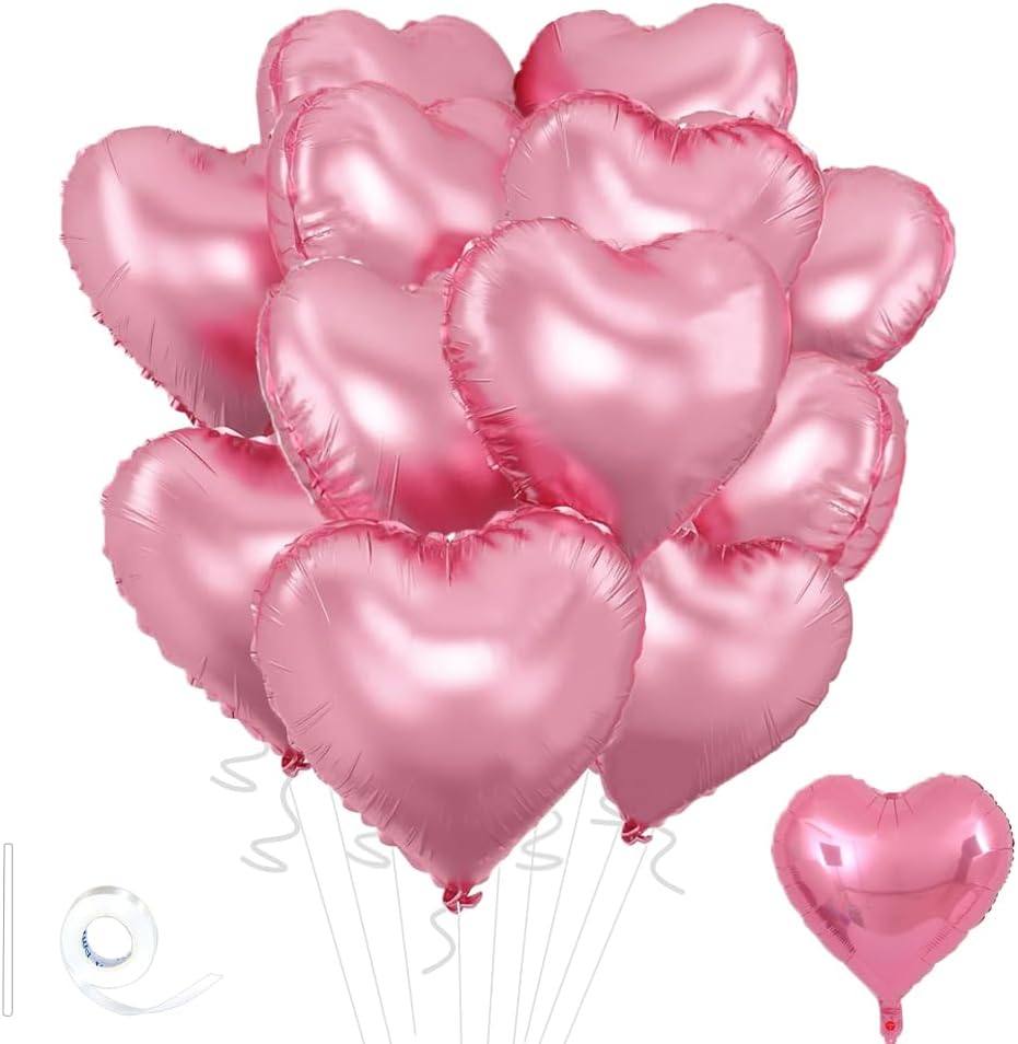 Pink Heart Balloons,18inch Bright Pink Heart Shaped Foil Balloons 12Pcs Helium Mylar Balloon for