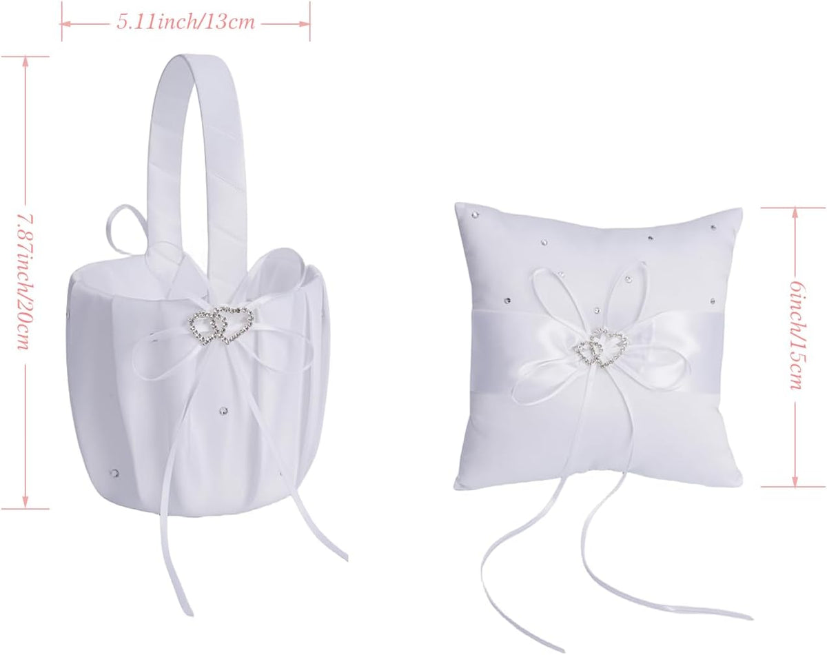 QIRMIZI Wedding Ring Pillow and Flower Girl Basket Set – Adorned with Pearl Rhinestones, White
