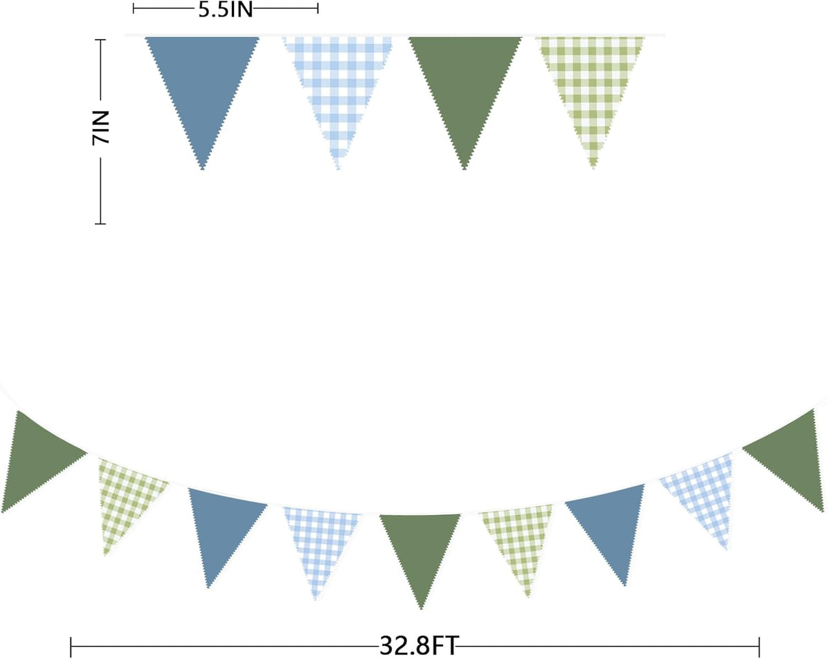 32Ft Blue Green Party Decorations Dusty Blue Sage Green Gingham Fabric Triangle Banner Flag Plaid