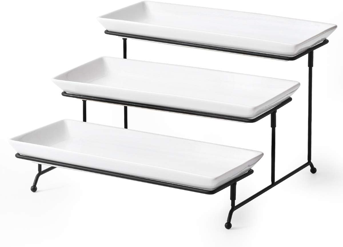 YHOSSEUN 3 Tier Serving Stand Tiered Tray Stand with 3 Porcelain Serving Platters Trays for Dessert