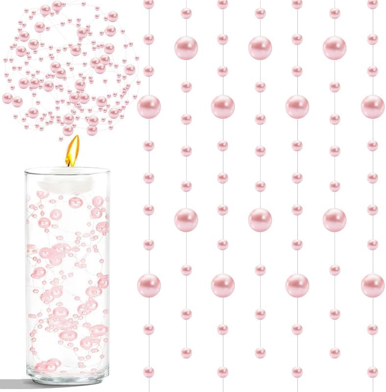 50pcs Pearls String Beads of Pearls, 10+5mm Pink Artificial Pearl String for Floating Candles