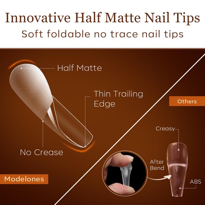 Modelones Long Coffin Nail Tips - 500Pcs Pre-shaped Half Matte Full Cover Fake Nails Gel Tips