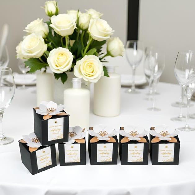 FEIYI 20 PCS Black Gift Boxes, 3 In 1 Favor Boxes with Floral Decor, White Thank You Tags Cupcake