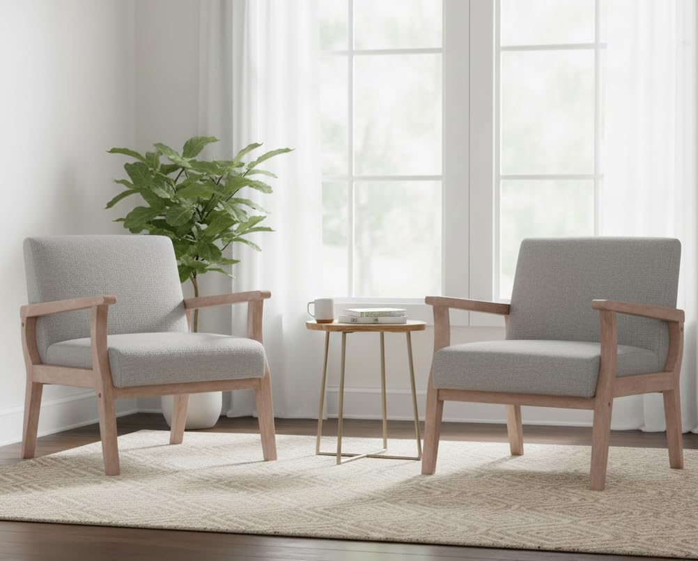 Mid Century Modern Accent Chair Set of 2, Linen Upholstered Living Room Accent Armchair with Wood
