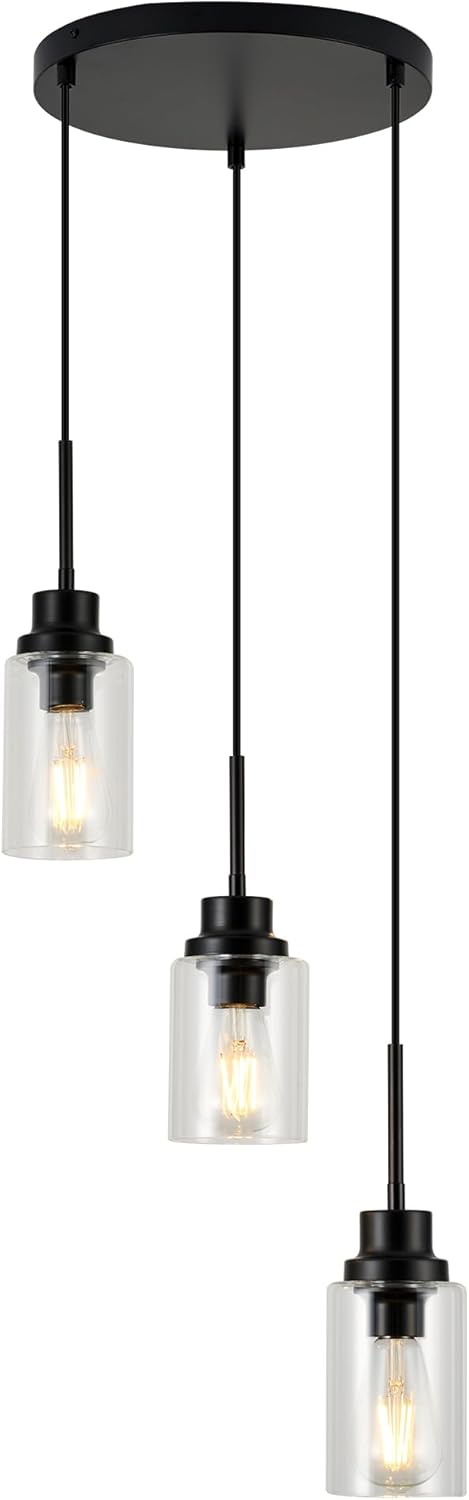 3-Lights Modern Pendant Light Fixtures Black Adjustable Height Ceiling Lights Chandelier with Clear