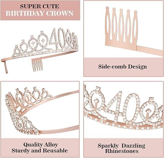 40th Birthday Decorations for Women, Including Crown/Tiara, Sash, Cake Topper and Candles, 40th