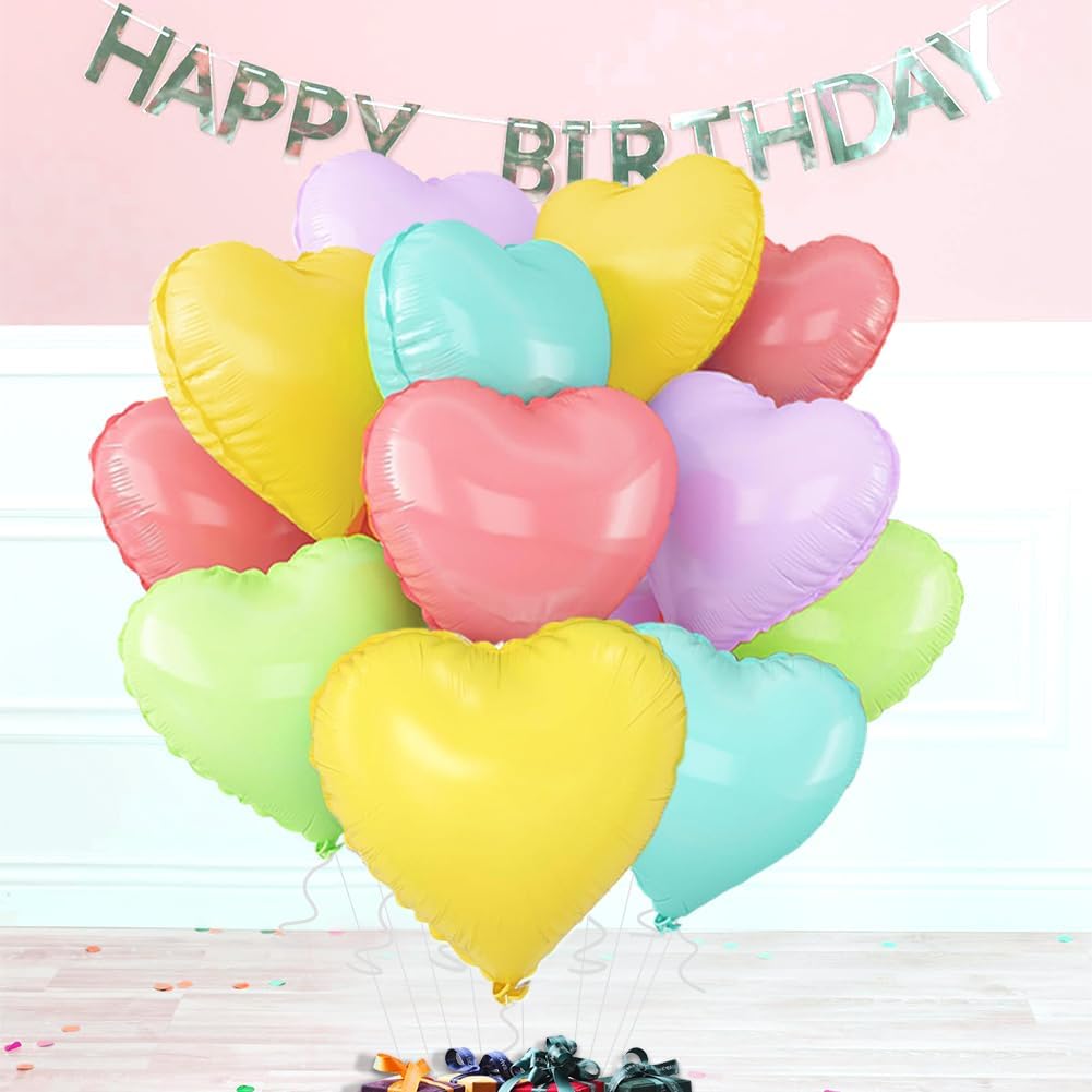 5 Colors Heart Balloons，18 Inch Color of Macaron Foil Mylar Love Heart Shaped Balloons for