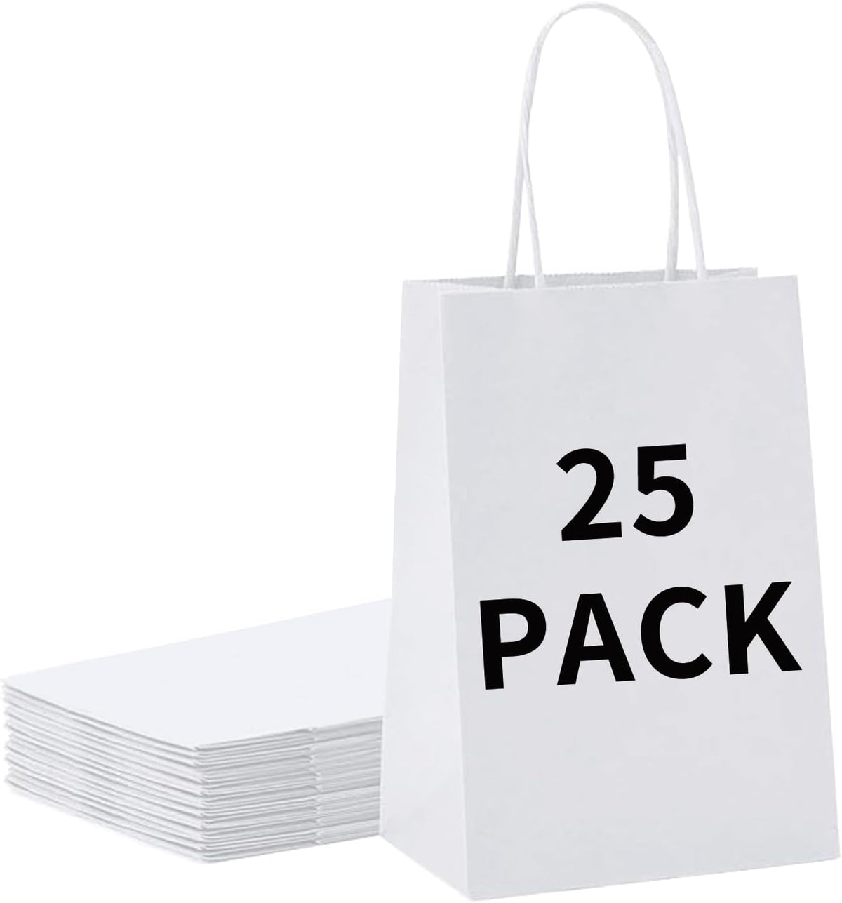 BAG BOX 25 Pack 5.9x3.1x8.25 Inch White Gift Bags with Handles,Bulk Kraft Paper Bags for Shopping