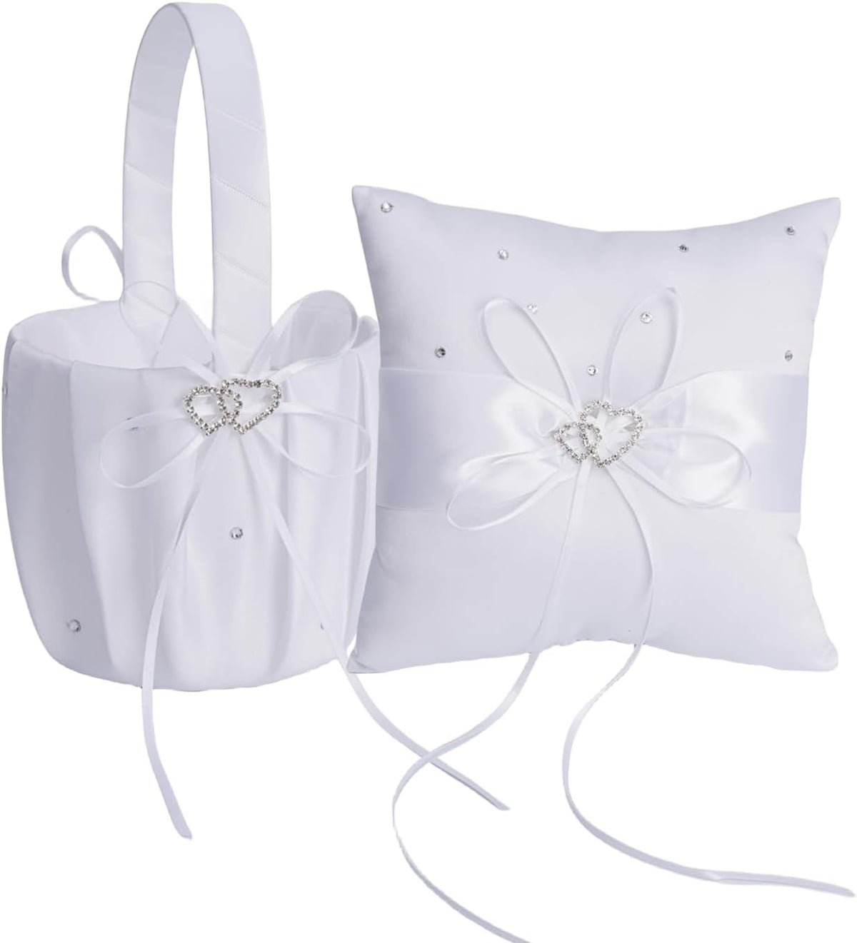 QIRMIZI Wedding Ring Pillow and Flower Girl Basket Set – Adorned with Pearl Rhinestones, White