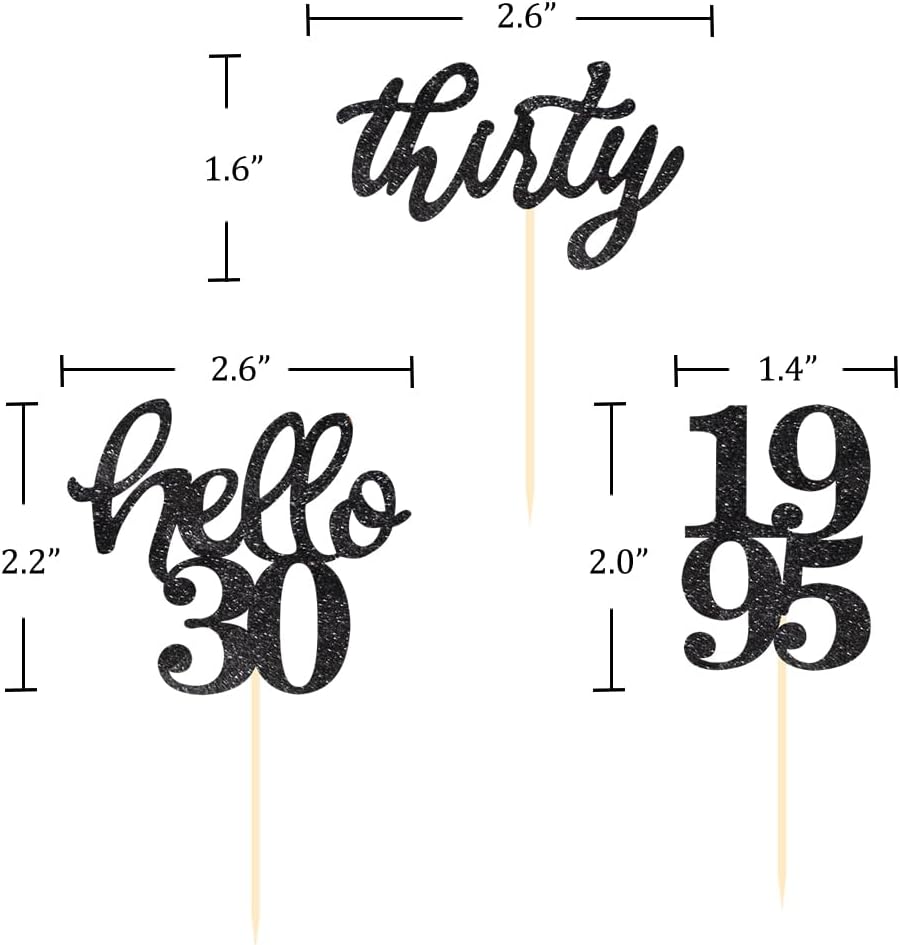 24 Pcs Black Glitter 30th Birthday Cupcake Toppers for 30th Anniversary Birthday Party Wedding