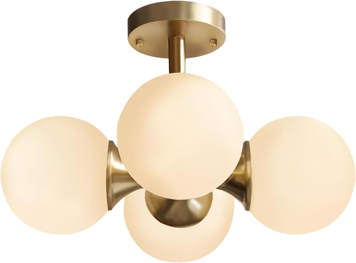 KCO Lighting Antique Brass 4-Light Ceiling Light Mid-Century Frosted Glass Globe Chandelier Modern