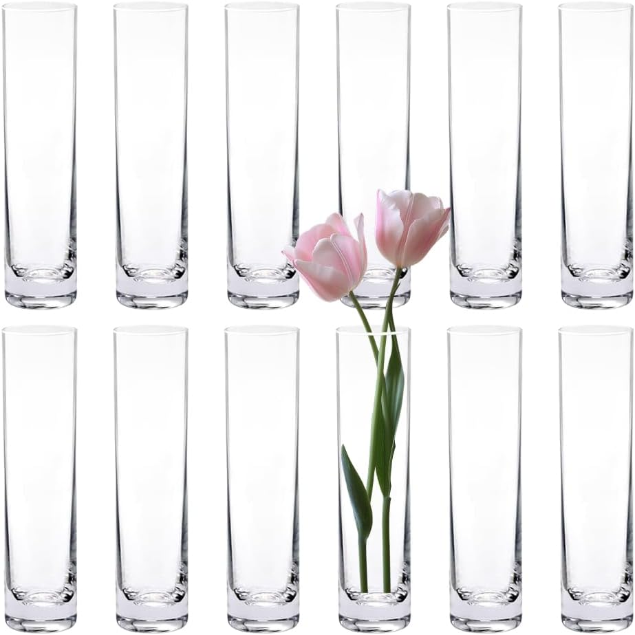 12 Pack 7.5 Inch Glass Cylinder Bud Vases for Centerpieces Clear Slim Flower Vases Tall Glass