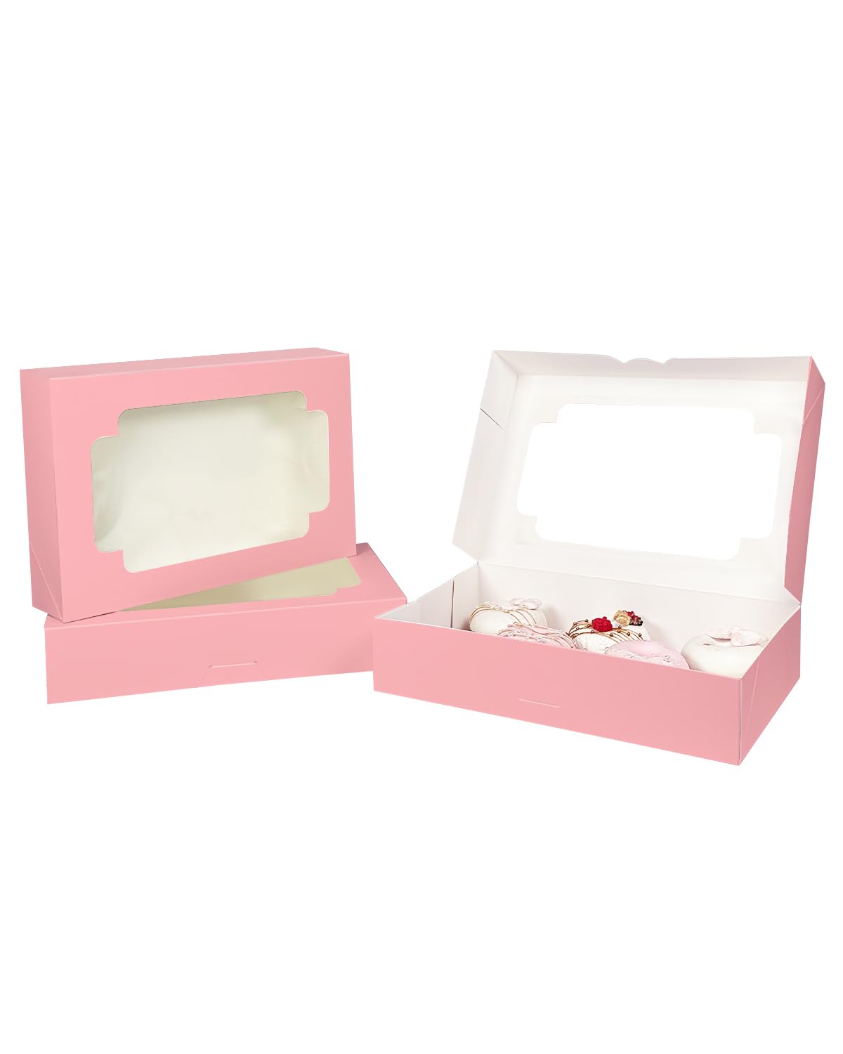 qiqee Auto-pop up Pink Cookie Box with Window 12x8x2.5 inch 32 Packs Two Uses One Second Folding