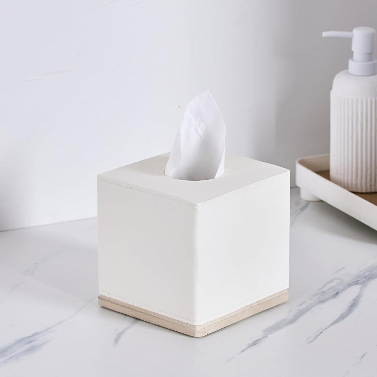 Tissue Box Cover Square Resin Tissue Holder for Home Decor,Hand Carved Beige Leather Cube Tissue